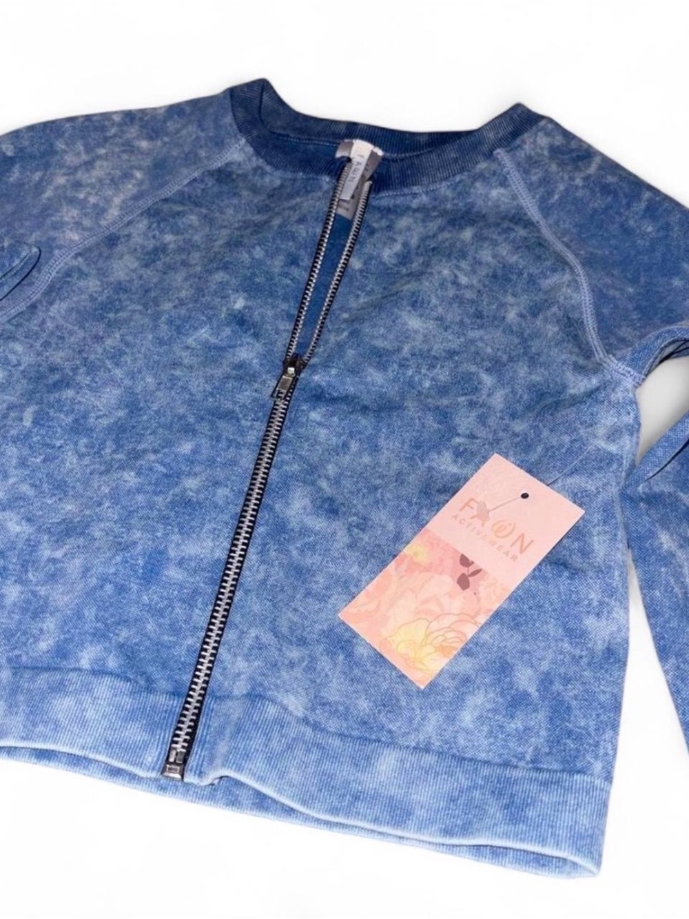 Fawn Activewear Blue Mineral-Effect Zip Crop Top